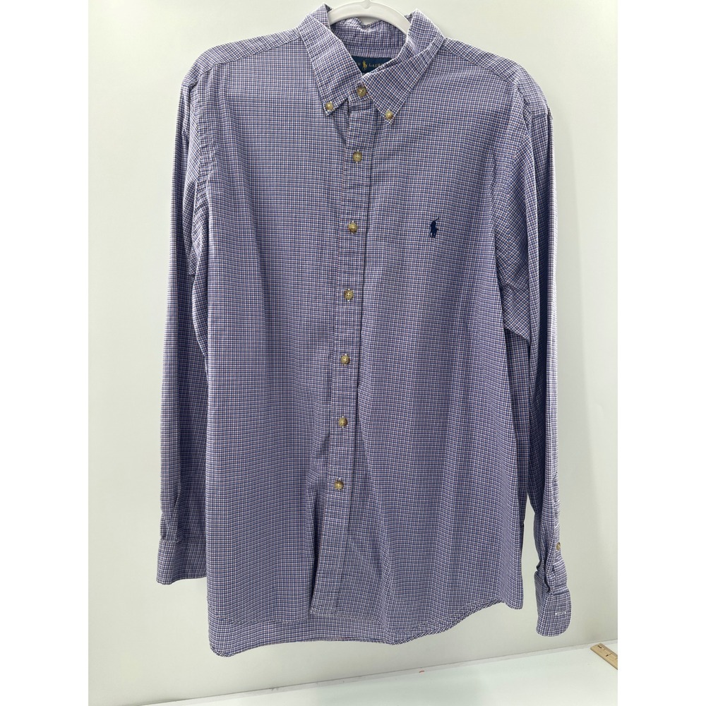 Ralph Lauren Mens XL Micro Check Button Down Shirt Blue Red Long Sleeve Logo